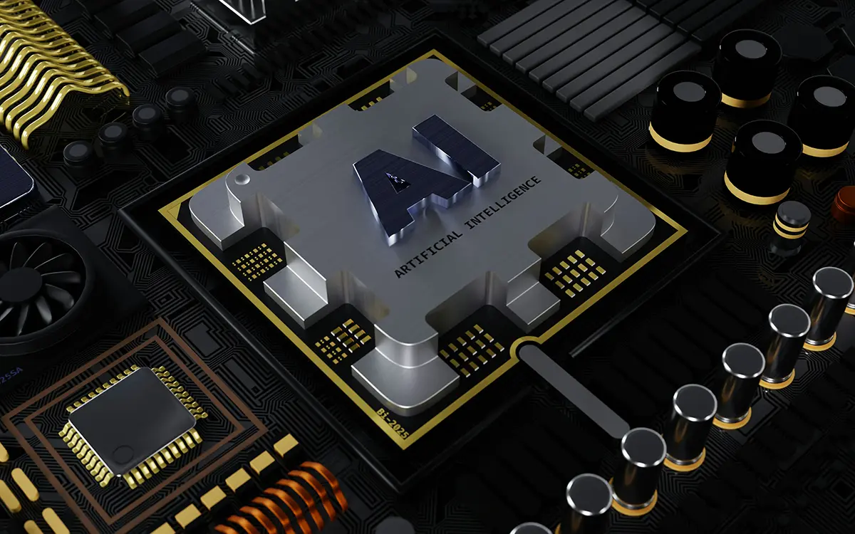 Close-up of a computer chip with AI logo, symbolizing the technology powering an AI automation agency and modern business solutions.