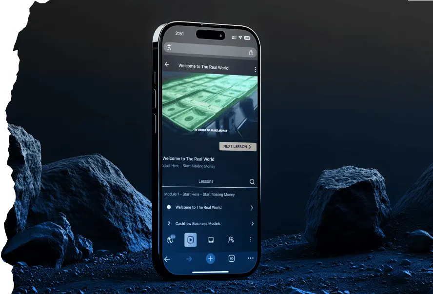 A smartphone displaying The Real World mobile application and introductory learning modules, representing the step-by-step business mentorship accessible to focused members.